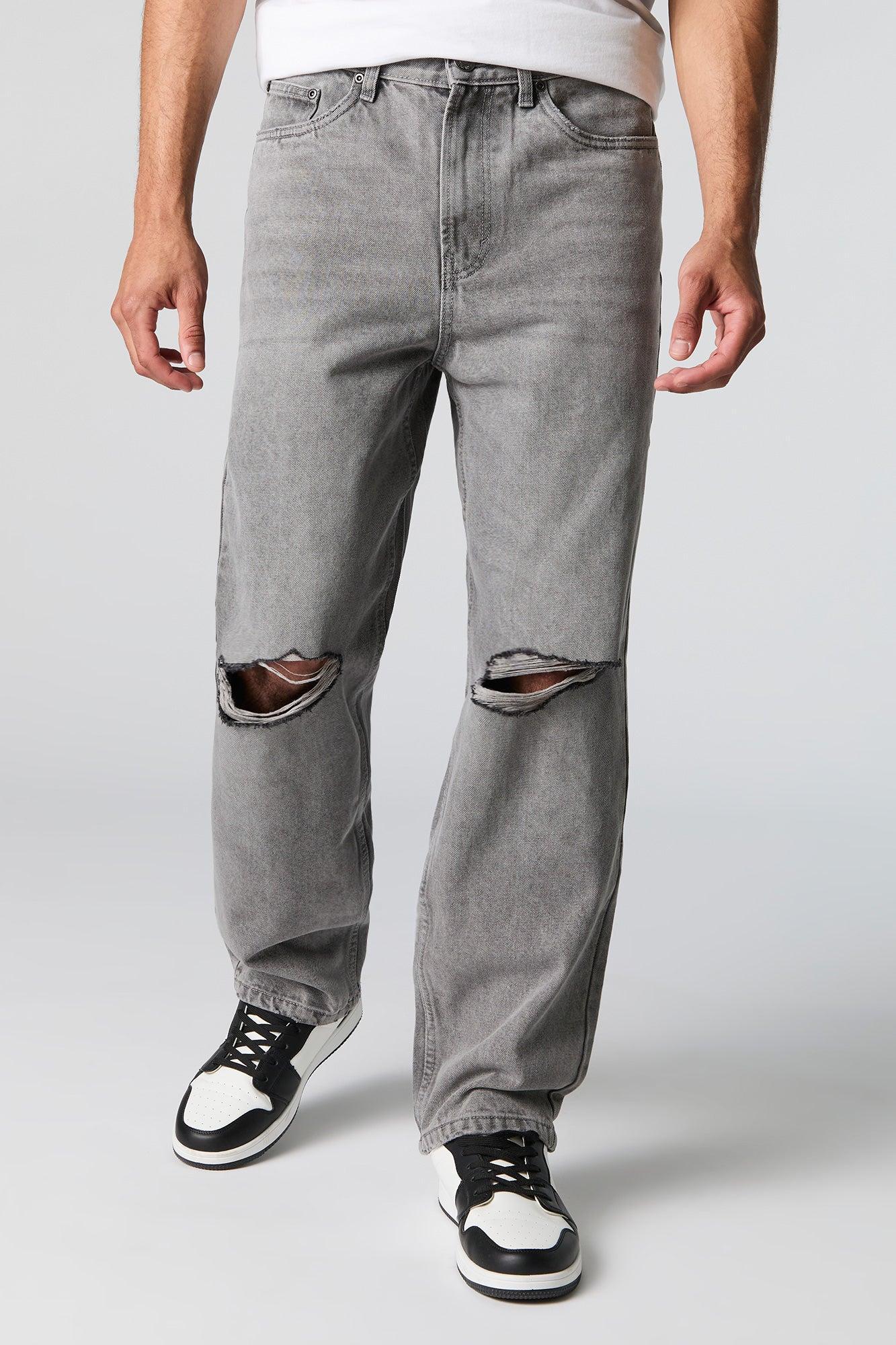 Grey Wash Distressed Baggy Denim Jean Male Product Image