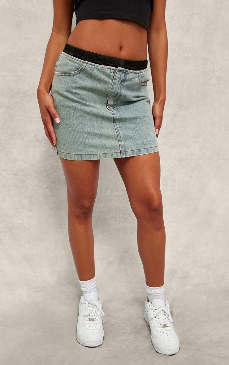 Contrast Satin Waistband Vintage Wash Denim Mini Skirt Product Image