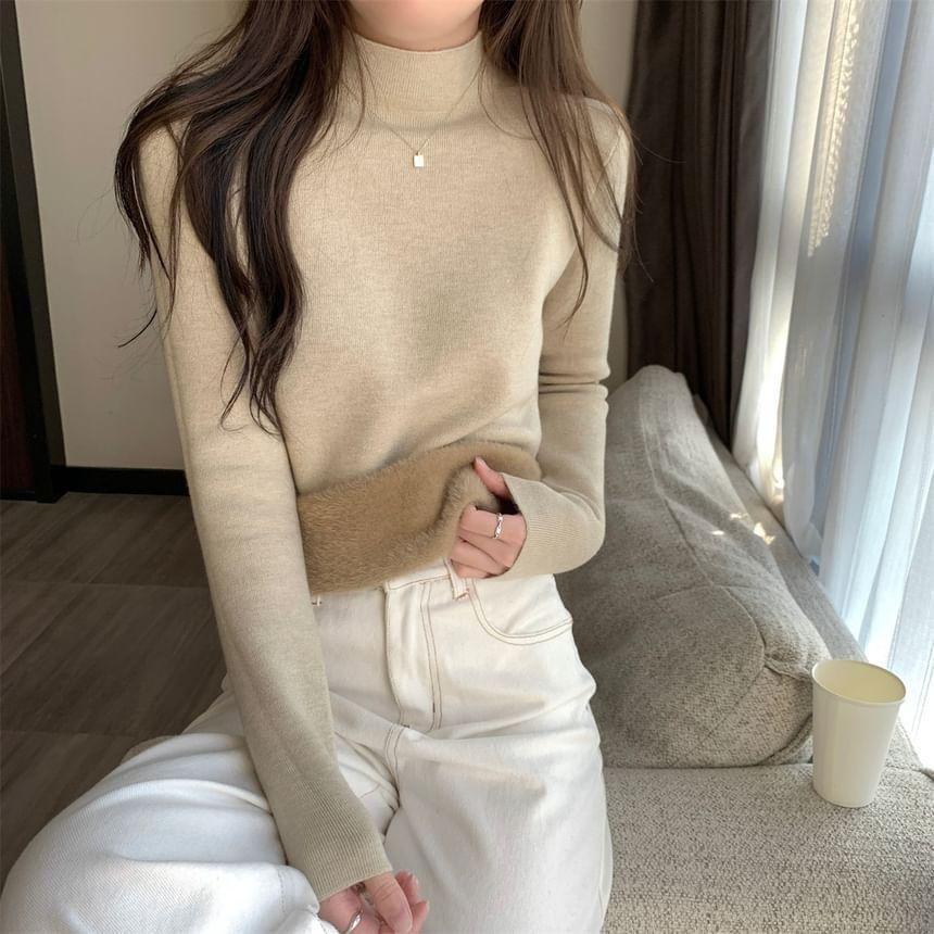 Long Sleeve Turtleneck Plain Fleece Lined Knit Top Product Image