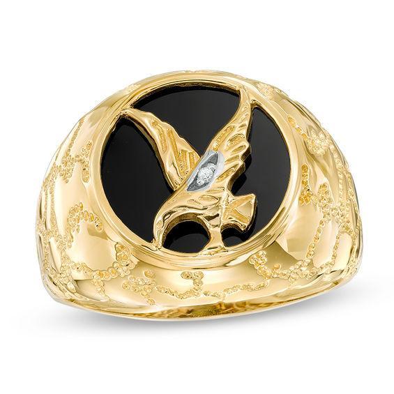 Men's Onyx Eagle and Diamond Accent Signet Ring in 10K Gold Product Image