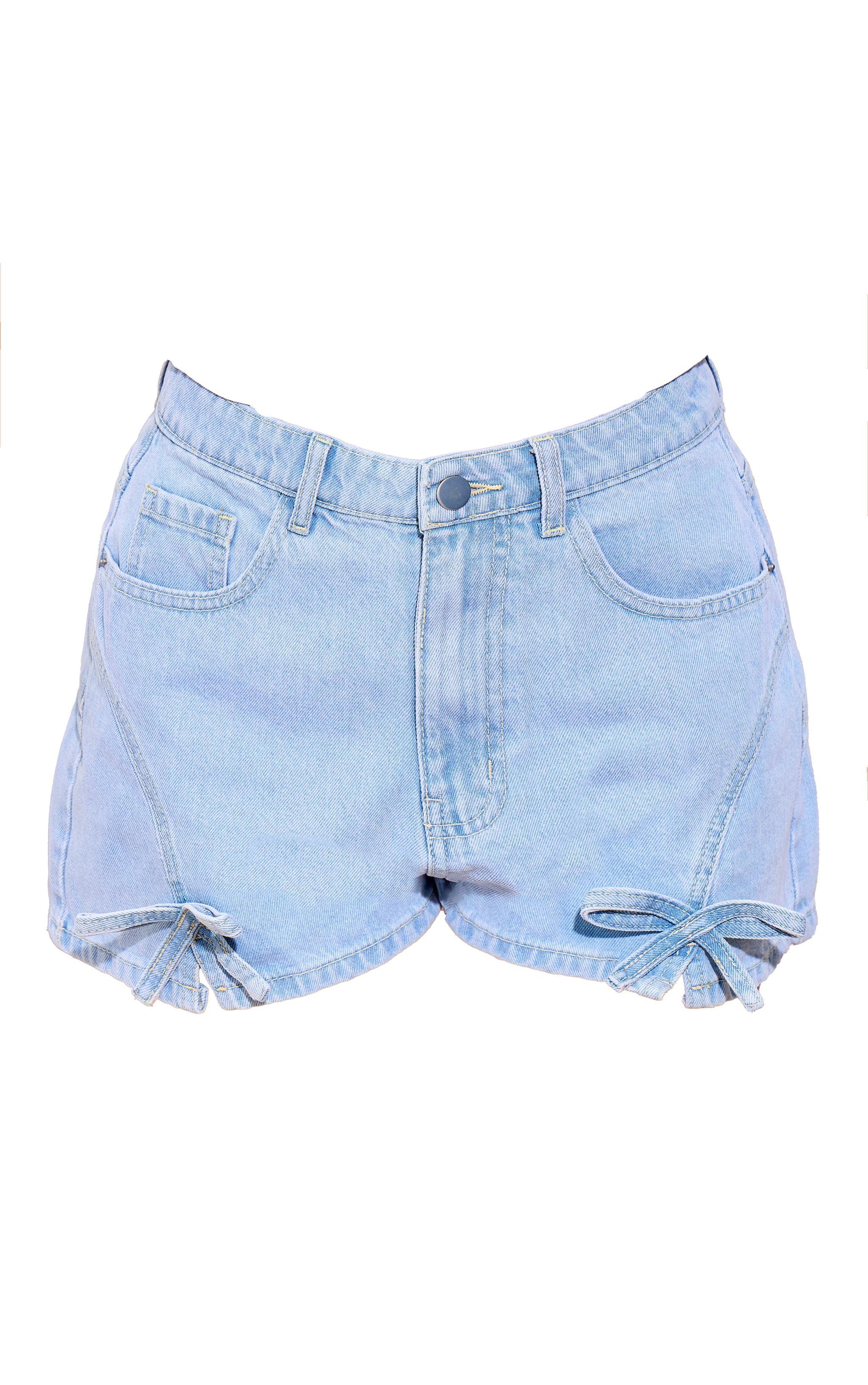 Light Blue Wash Bow Detail High Waist Denim Hot Pants Product Image