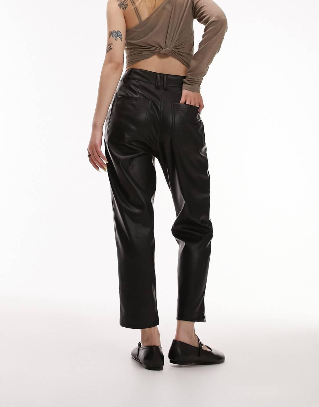 Topshop Petite faux leather high waist pleated peg pants in black Product Image