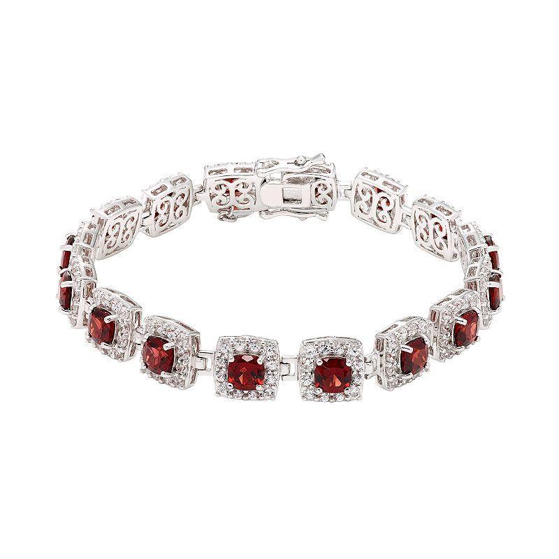 Sterling Silver Garnet & Lab-Created White Sapphire Halo Bracelet, Womens Red Product Image