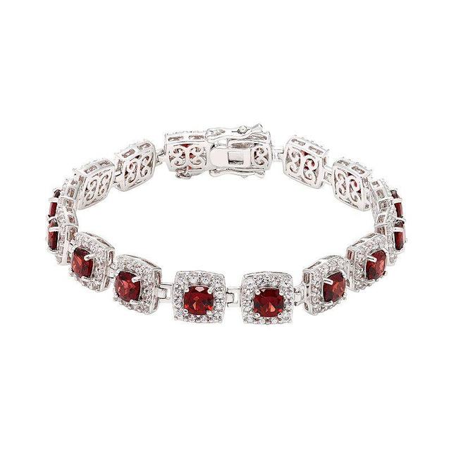 Sterling Silver Garnet & Lab-Created White Sapphire Halo Bracelet, Womens Product Image