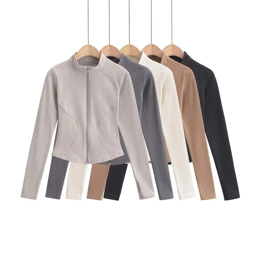 Long-Sleeve High Neck Zip-Up Crop Top Product Image