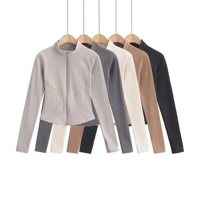 Long-Sleeve High Neck Zip-Up Crop Top Product Image