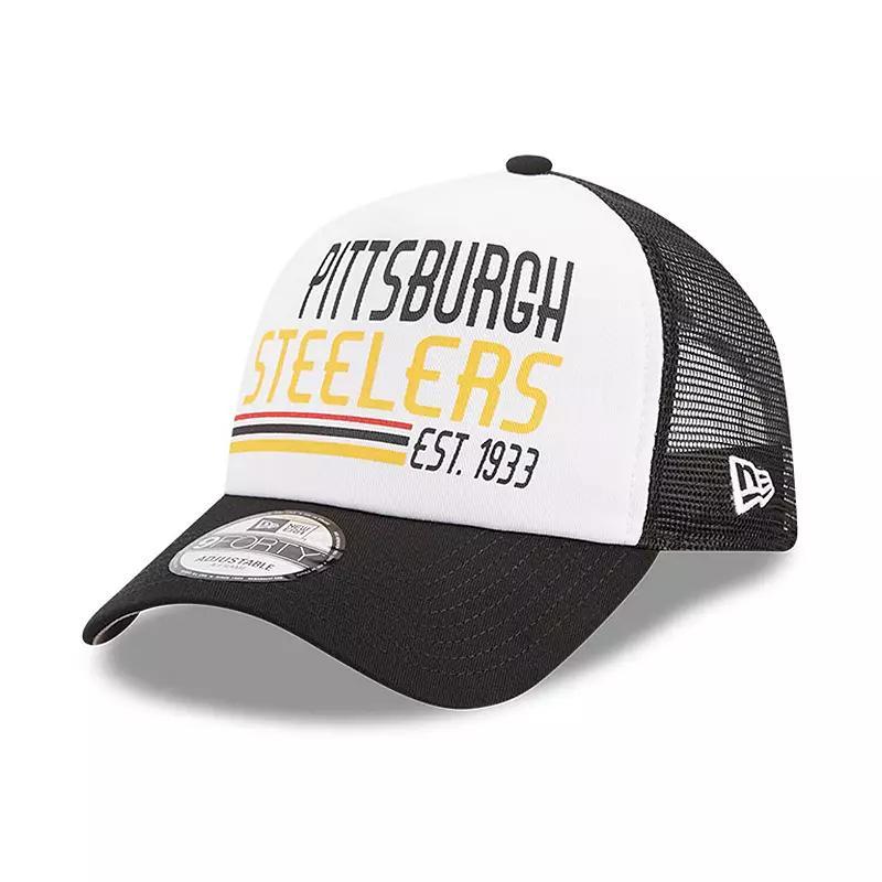 Mens New Era White/Black Pittsburgh Steelers Stacked A-Frame Trucker 9FORTY Adjustable Hat Product Image