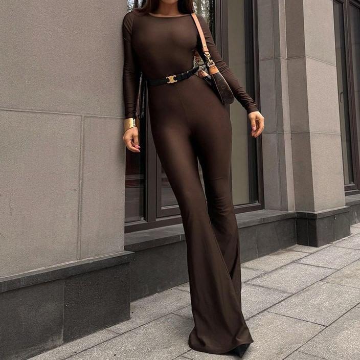 Long-Sleeve Boat Neck Plain Open Back Flared Jumpsuit Product Image