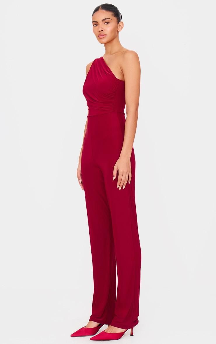 Burgundy Double Layer Slinky Asymmetric Ruched Detail Jumpsuit Product Image