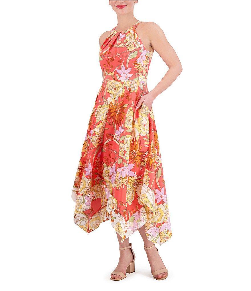 Vince Camuto Crepe de Chine Floral Print Halter Neck Sleeveless Handkerchief Hem A-Line Pocketed Midi Dress Product Image