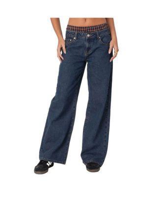 Edikted Womens Plaid Boxer Detail Relaxed Jeans Product Image