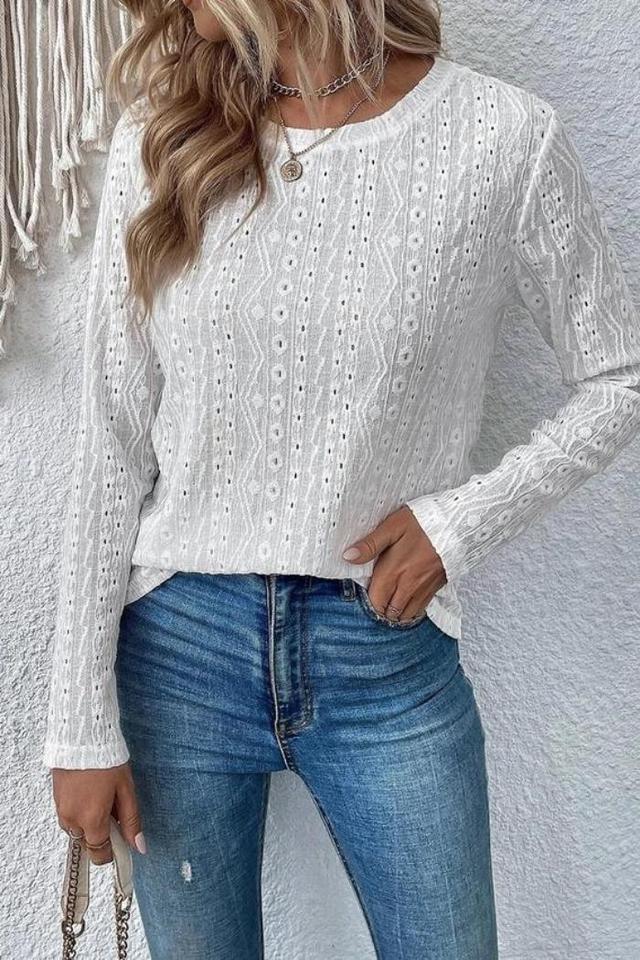 Women Long Sleeve Eyelet Punching Casual T-Shirt Female Product Image