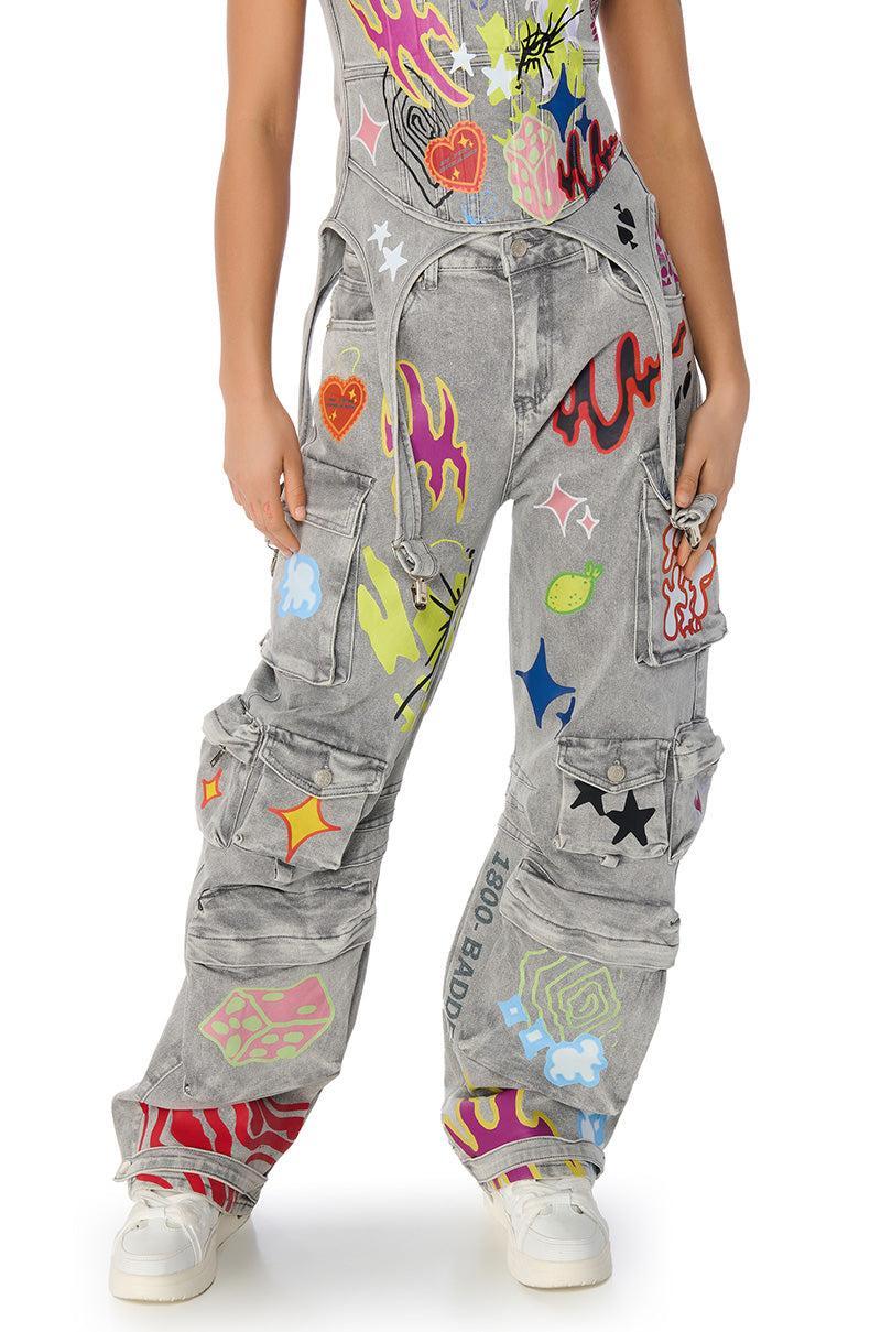 GRAFFITI DETAIL RELAXED LEG CARGO JEANS Product Image