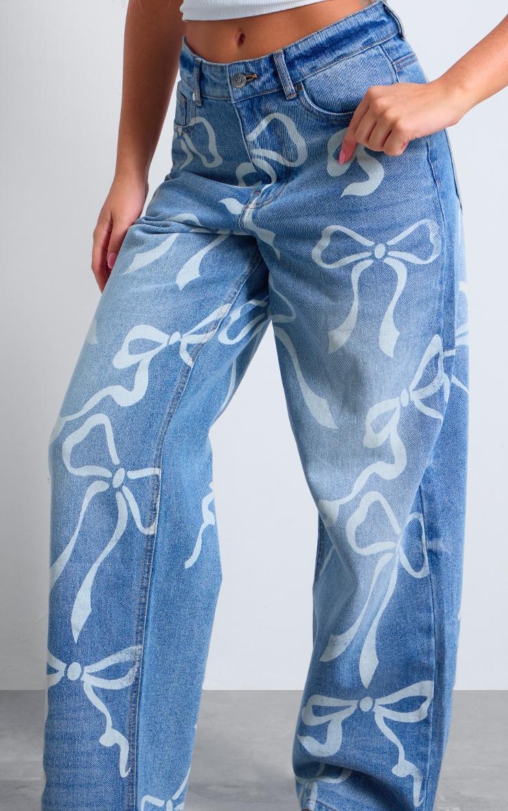 Light Blue Ribbon Detail Laser Print Jeans Product Image