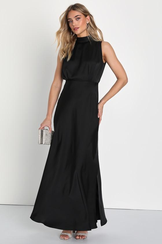 Classic Elegance Black Satin Sleeveless Mock Neck Maxi Dress Product Image