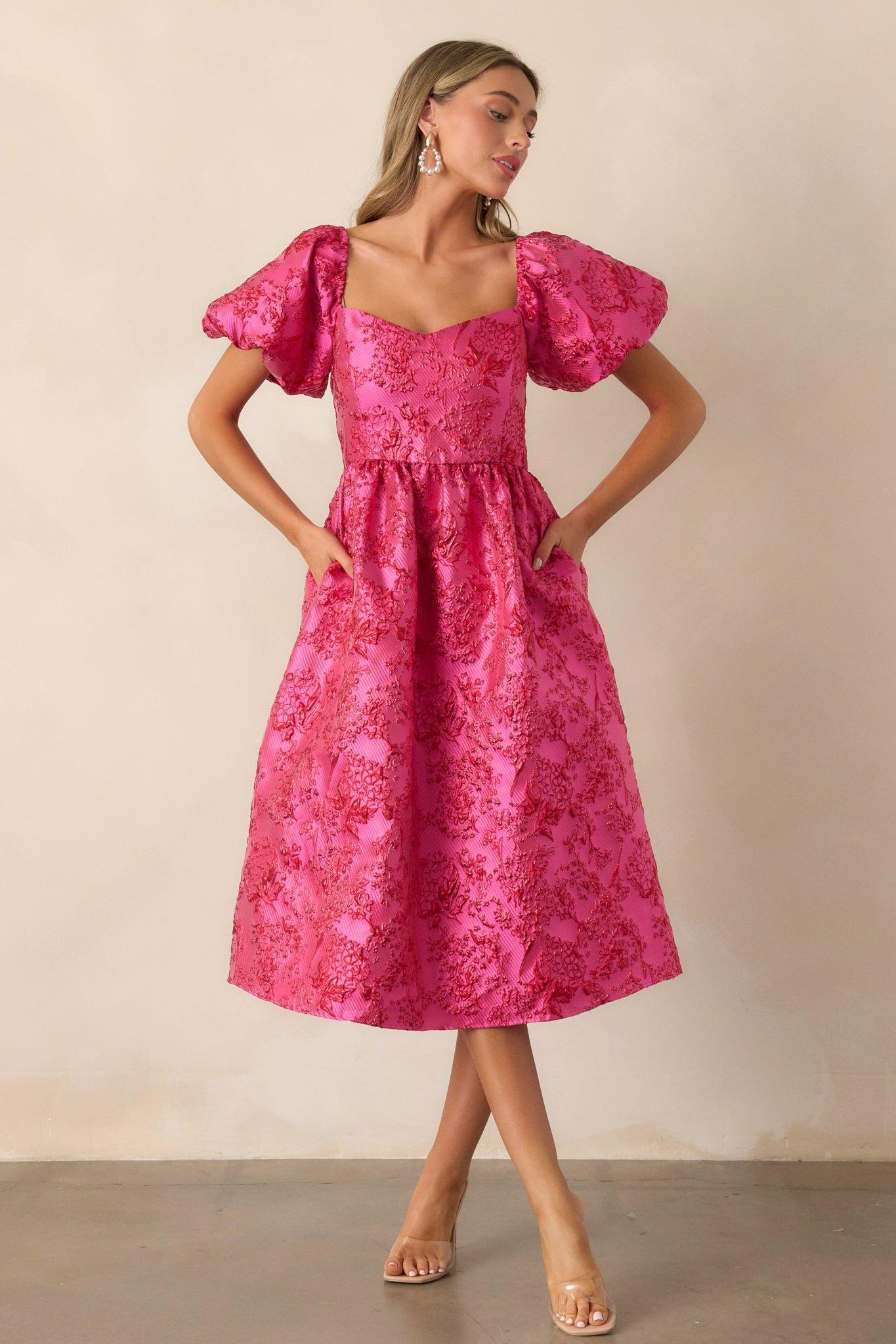 Blooming Hearts Pink Floral Jacquard Midi Dress Product Image