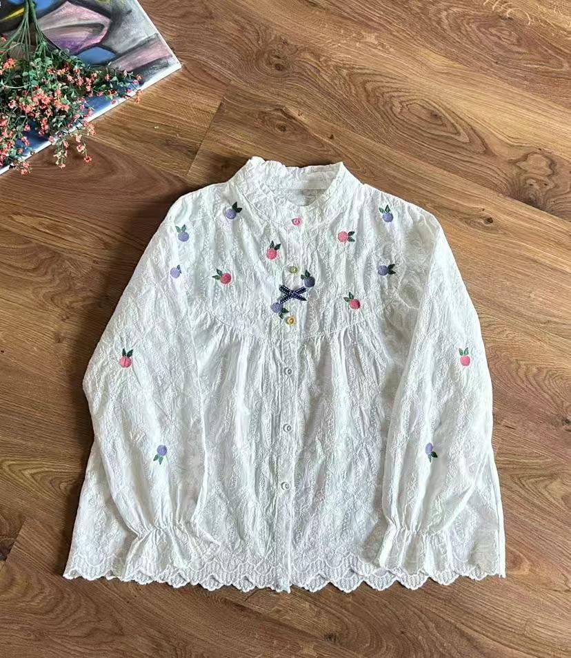 Long Sleeve Band Collar Flower Embroidered Blouse Product Image