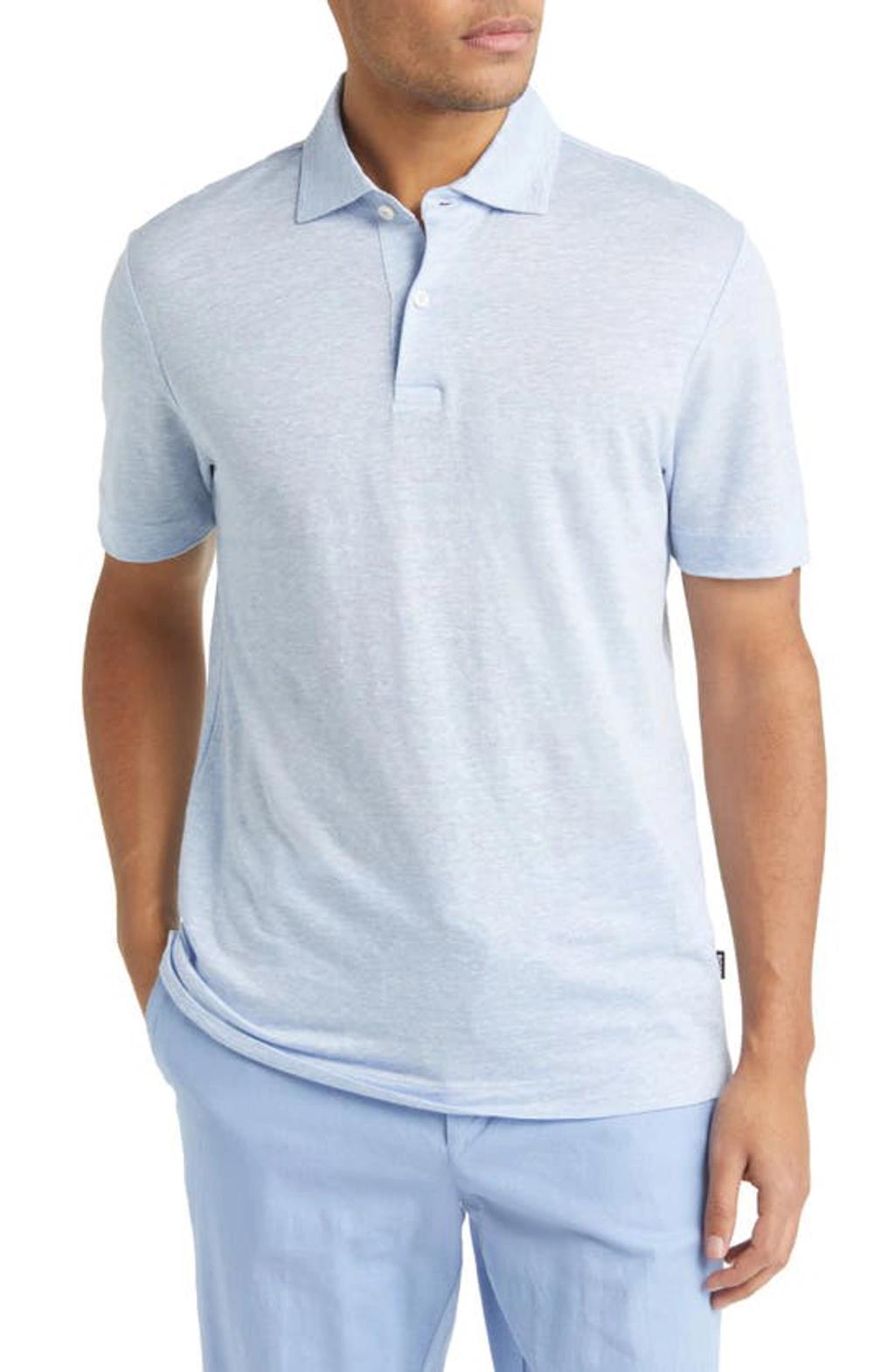 Regular-fit Polo Shirt In Two-tone Linen In Light Blue Product Image