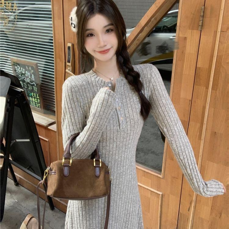 Long-Sleeve Half Buttoned Plain Knit Midi A-Line Dress Product Image