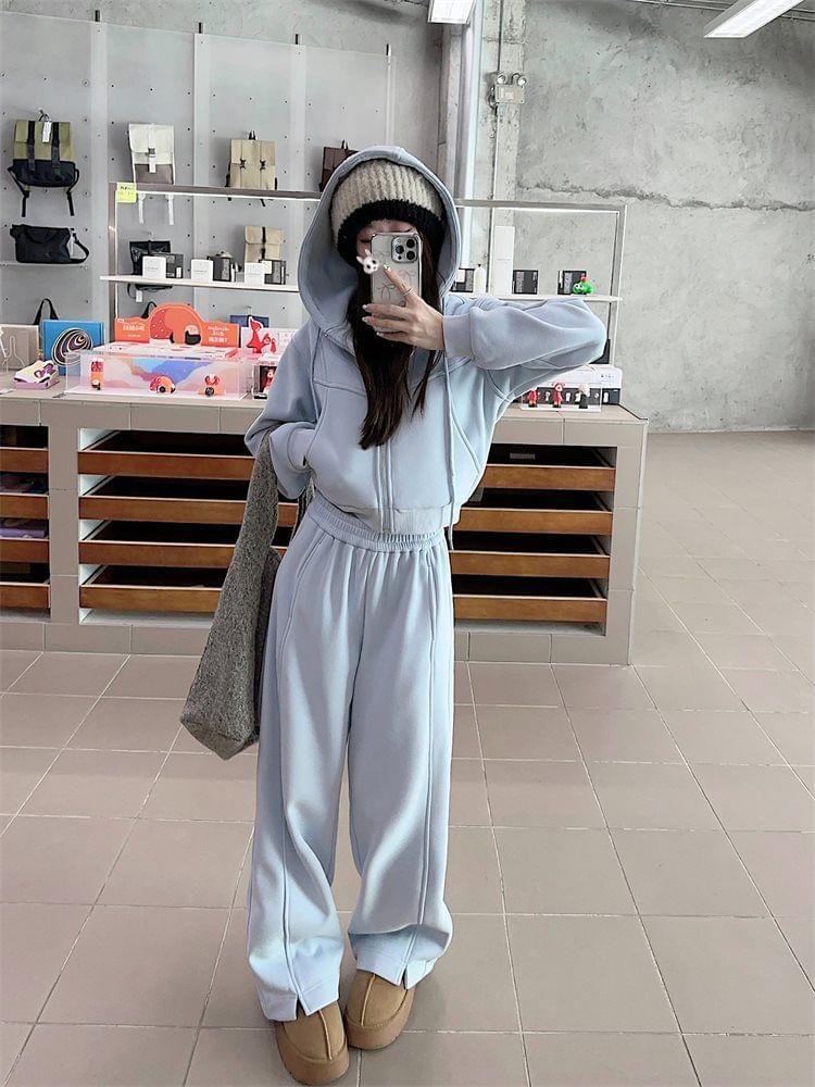 Plain Zip-Up Crop Hoodie / High Waist Slit Wide Leg Sweatpants Product Image