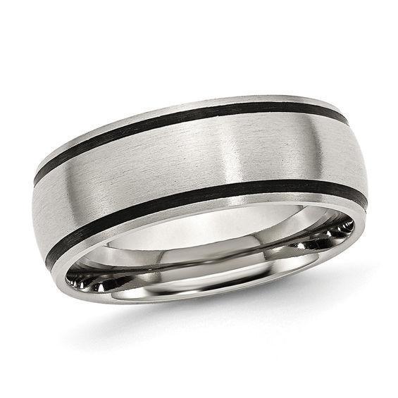 Men's 8.0mm Black Accent Striped Brushed Wedding Band in Stainless Steel Product Image