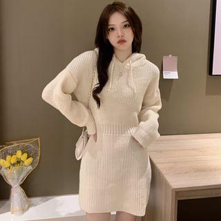 Long-Sleeve Plain Hooded Mini Sweater Dress product image