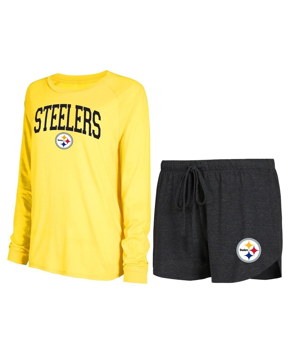 Womens Concepts Sport Black Pittsburgh Steelers Raglan Long Sleeve T-shirt Shorts Lounge Set - Black Product Image