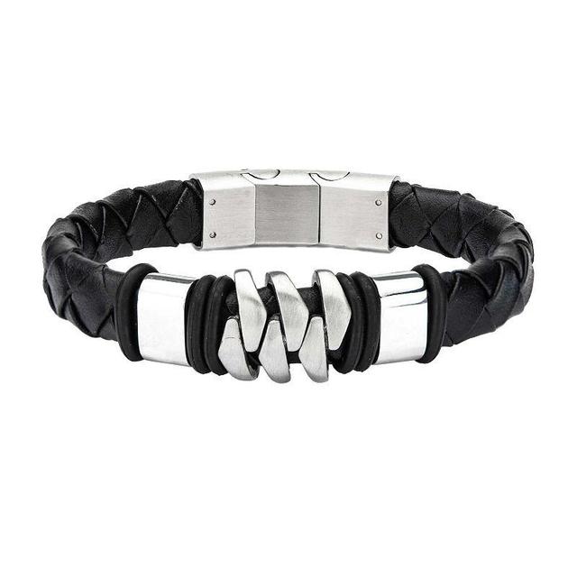 Mens Stainless Steel Matte Black Leather Bracelet Multicolor Product Image