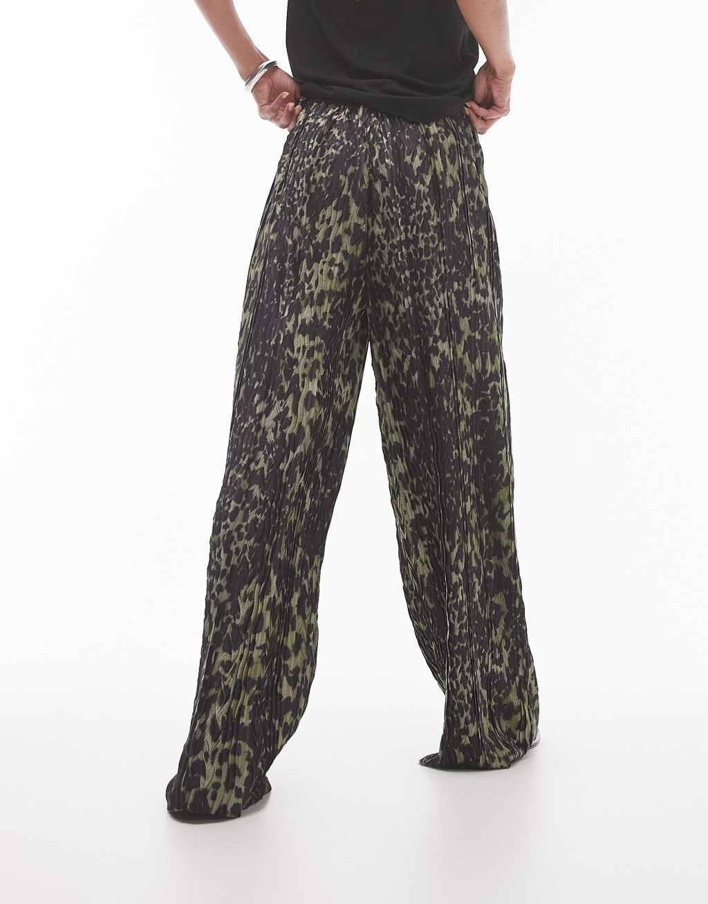 Topshop leopard plisse pants in khaki Product Image