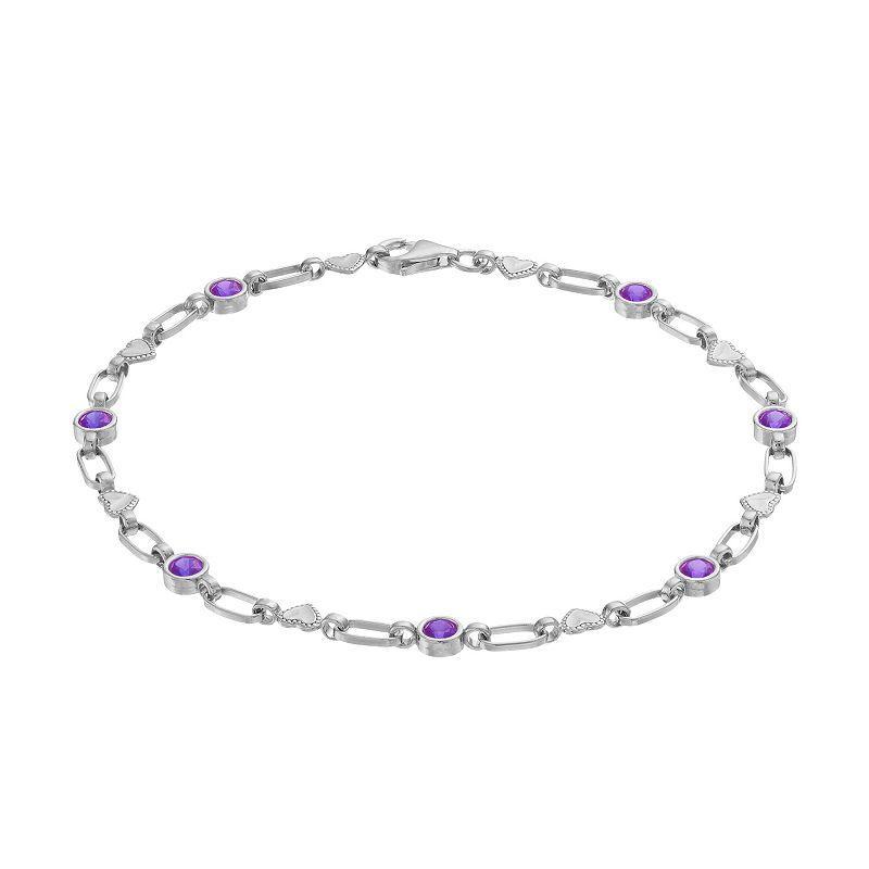 Kristen Kesho Sterling Silver Lab-Created Amethyst Heart Link Bracelet, Womens Product Image