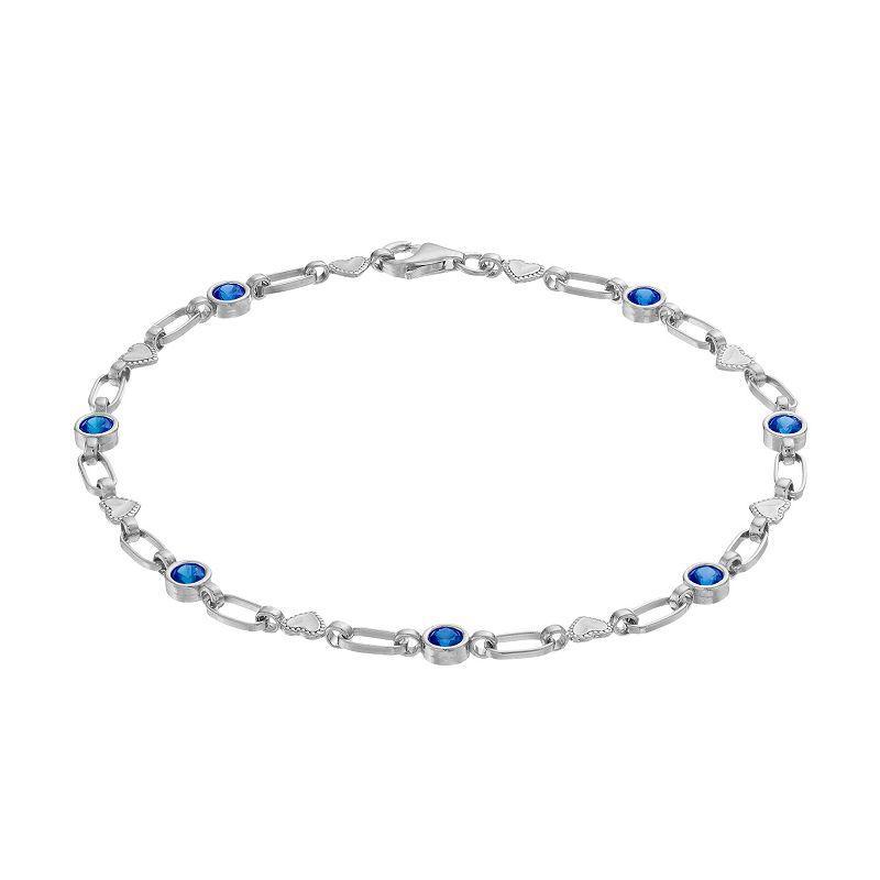 Kristen Kesho Sterling Silver Lab-Created Sapphire Heart Link Bracelet, Womens Grey Product Image