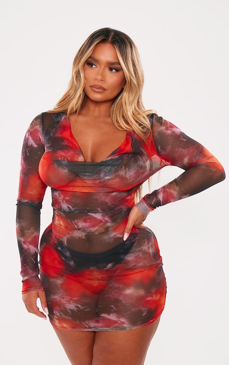  Shape Black Tie Dye Printed Mesh Sheer Cowl Neck Long Sleeve Bodycon Dress Product Image