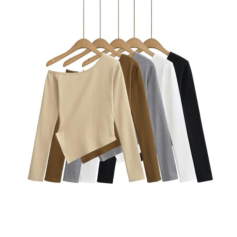 Long Sleeve One Shoulder Plain Asymmetrical Tee Product Image