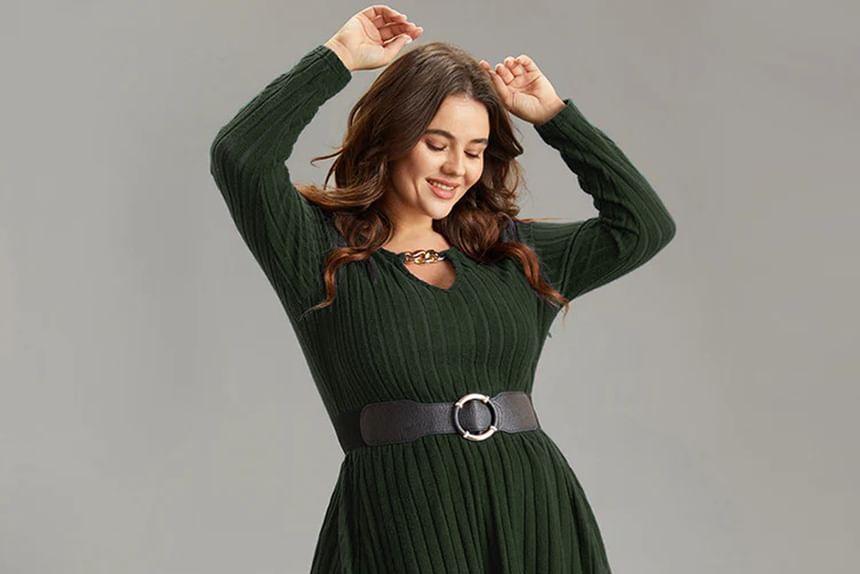 Plus Size Long-Sleeve Striped Midi A-Line Dress Product Image