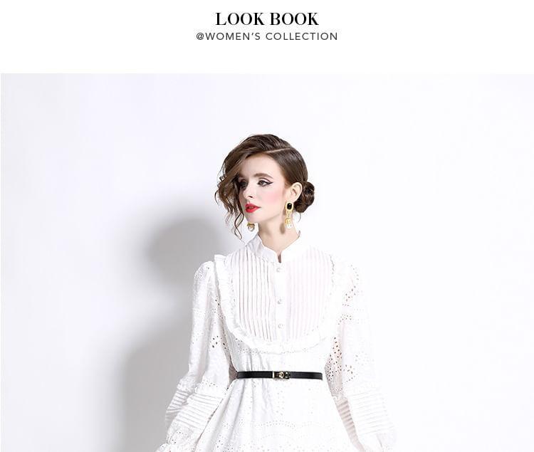 Long Sleeve Stand Collar Plain Embroidered Eyelet Ruffle Button Midi A-Line Dress Product Image