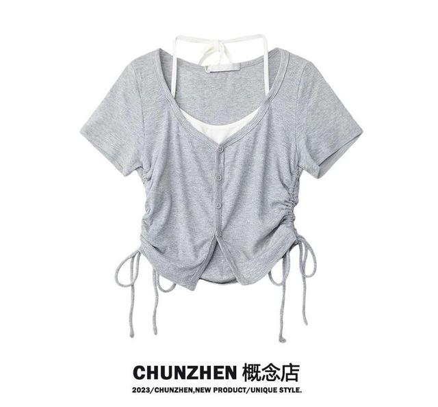 Mock Two-Piece Short-Sleeve Halter-Neck Crop Top Product Image