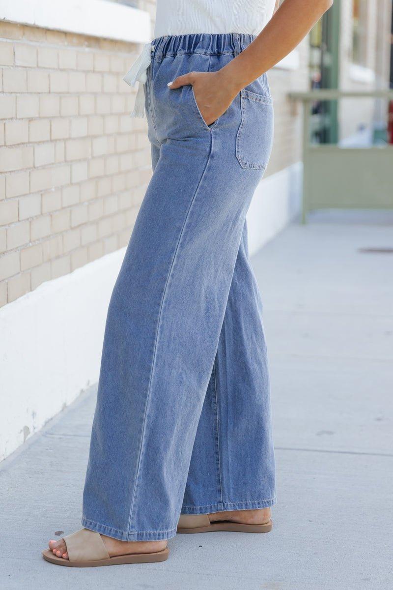 Denim Drawstring Wide Leg Pants - FINAL SALE Product Image