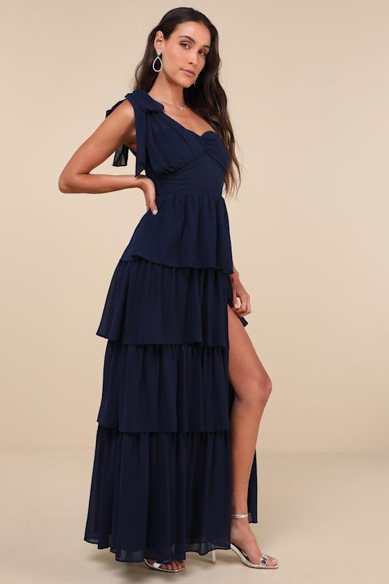 Elevated Vision Navy Blue One-Shoulder Tiered Maxi Dress product image