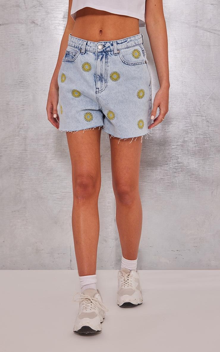 Light Blue Wash Sun Embroidered Denim Mom Shorts Product Image