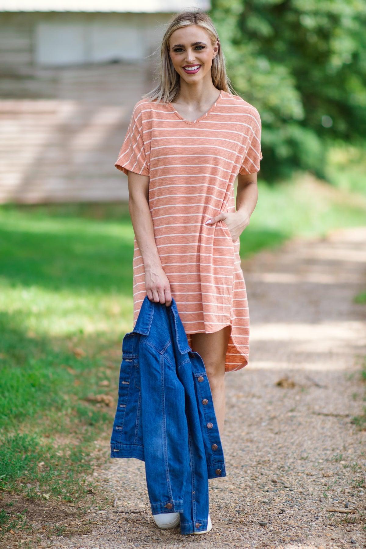 Orange and White Stripe Short Sleeve Dress Product Image