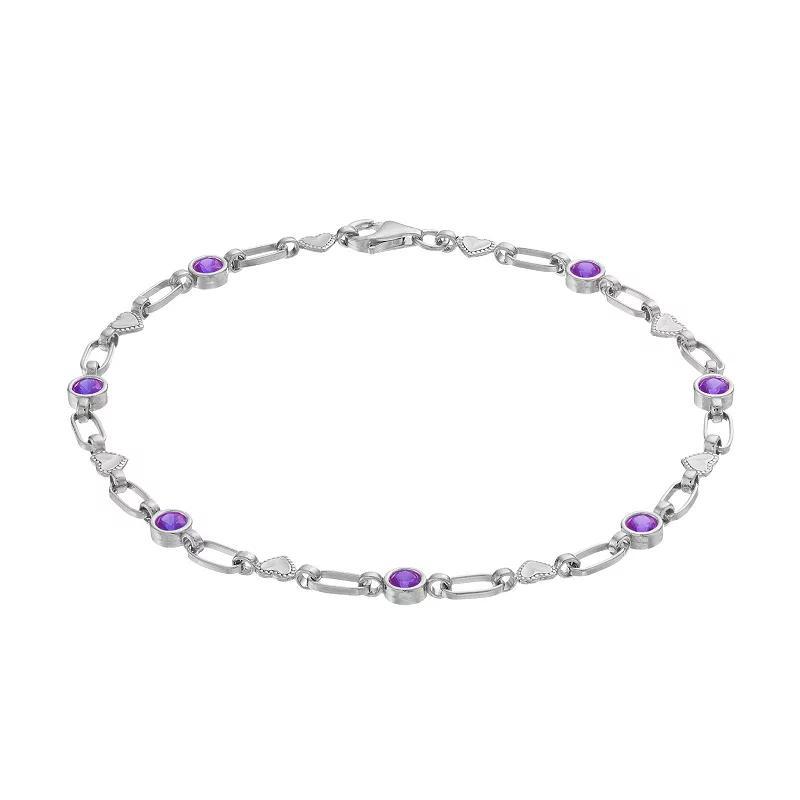 Kristen Kesho Sterling Silver Lab-Created Amethyst Heart Link Bracelet, Womens Product Image