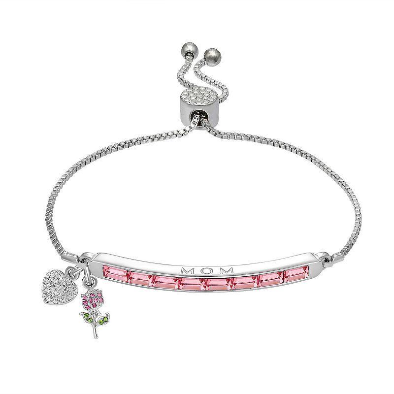 Brilliance Silver Plated MOM Crystal Heart & Flower Charm Bracelet, Womens Silver Tone Pink Product Image