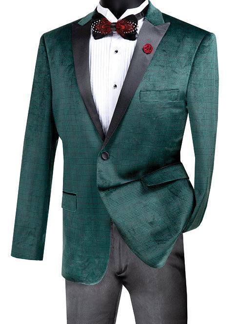 (S) Slim Fit Velvet Jacket 2 Button Peak Lapel Glen Plaid Pattern in Emerald product image