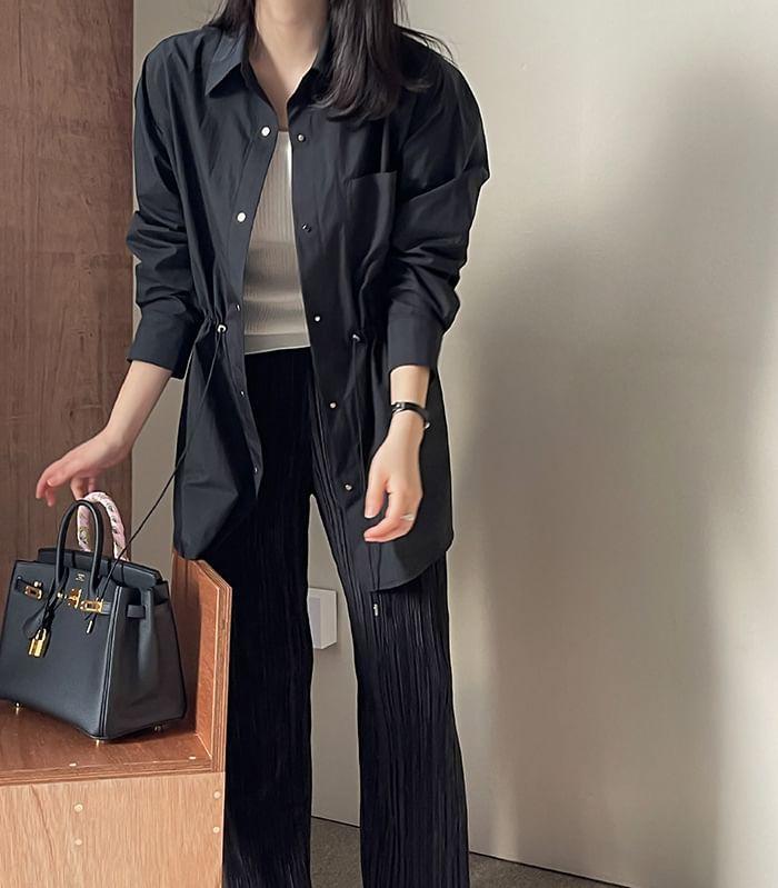 Plain Drawstring Waist Button-Up Shirt Jacket Product Image