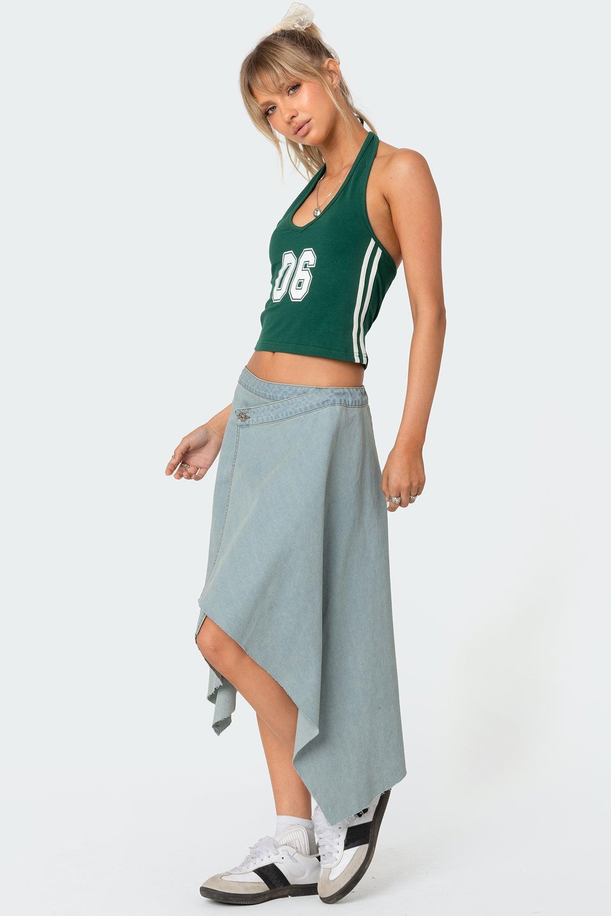 Asymmetric Wrapped Denim Midi Skirt Product Image