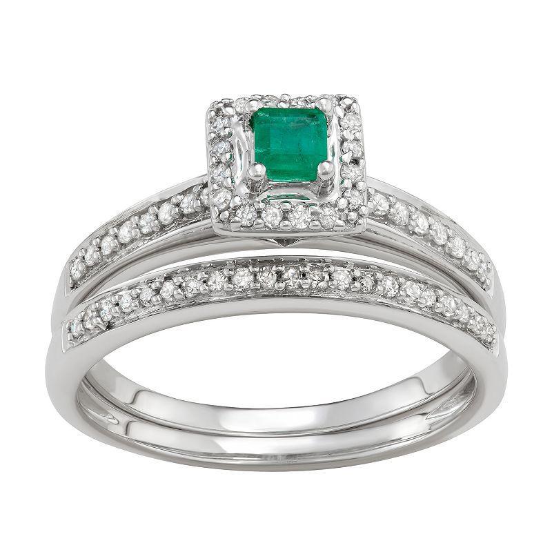 10k White Gold 1/3 Carat T.W. Diamond & Gemstone Square Halo Engagement Ring Set, Womens Green Product Image