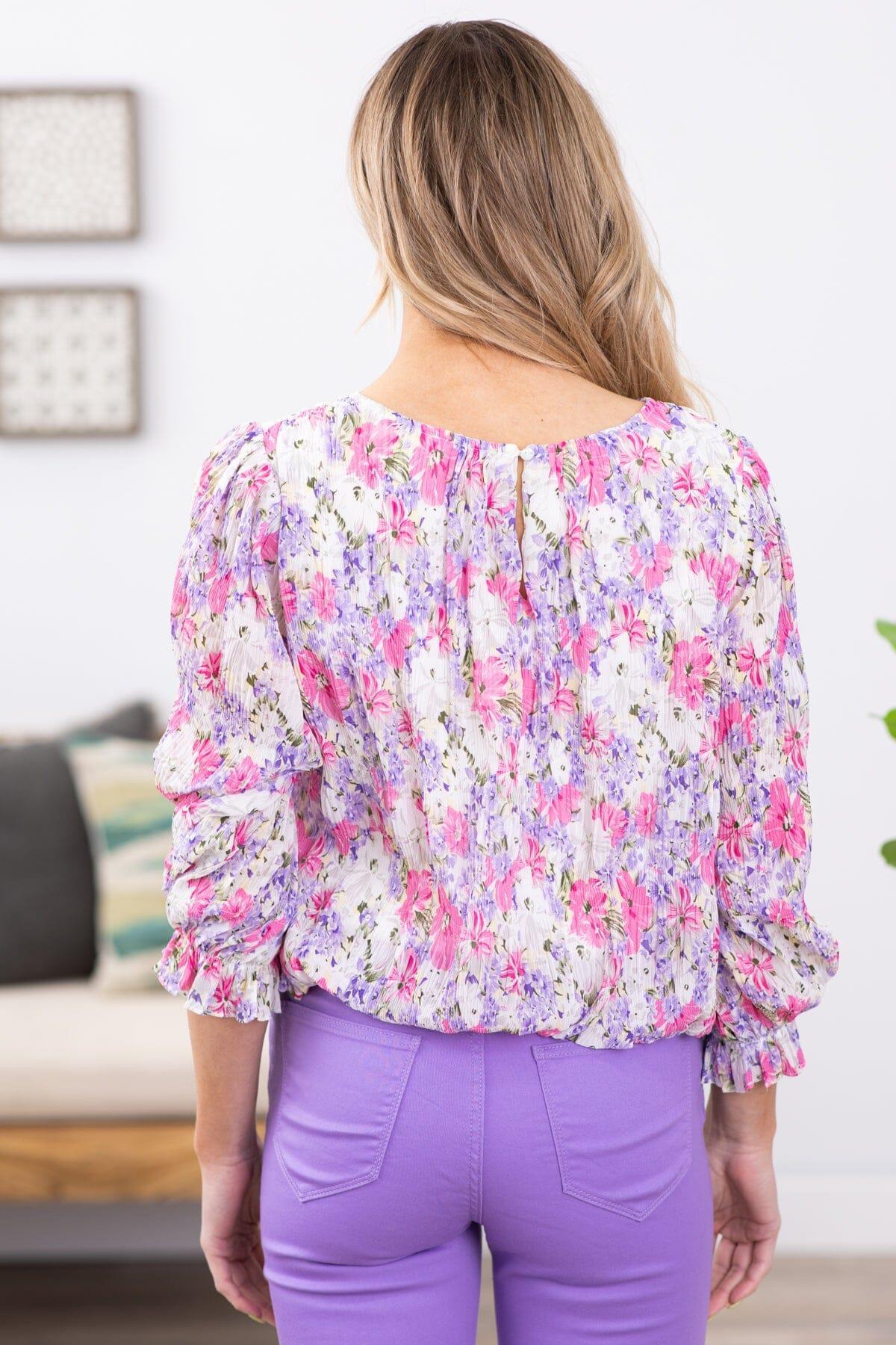 Hot Pink and Lavender Pleated Floral Print Top Product Image