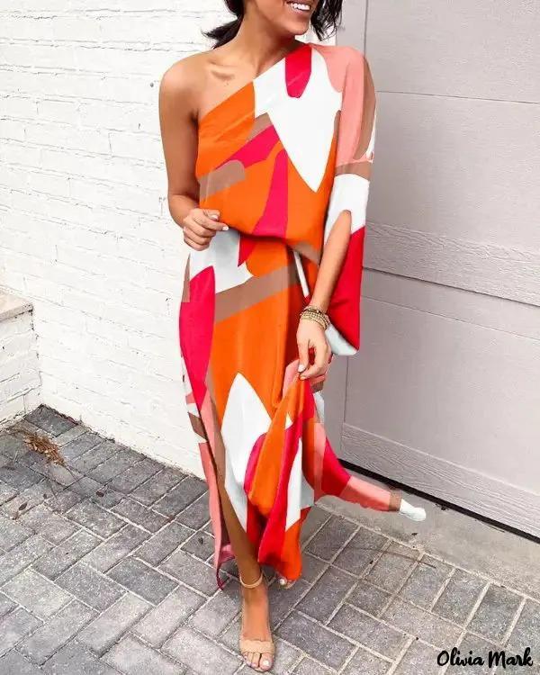 Olivia Mark – One Shoulder Slit Hem Geometric Print Maxi Dress Product Image