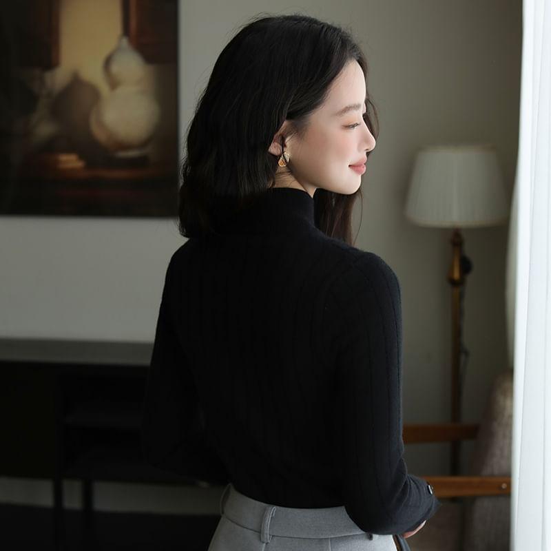 Long-Sleeve Mock Neck Plain Ribbed Knit Top Product Image