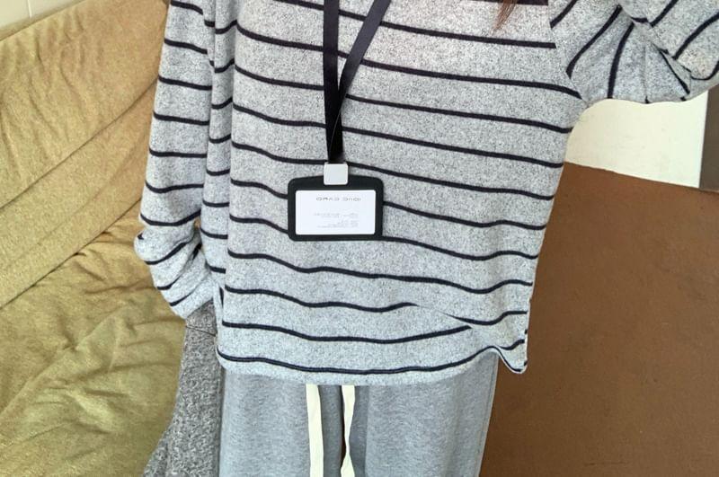 Long-Sleeve Crew Neck Drop Shoulder Striped T-Shirt / Drawstring Waist Plain Wide Leg Pants Product Image